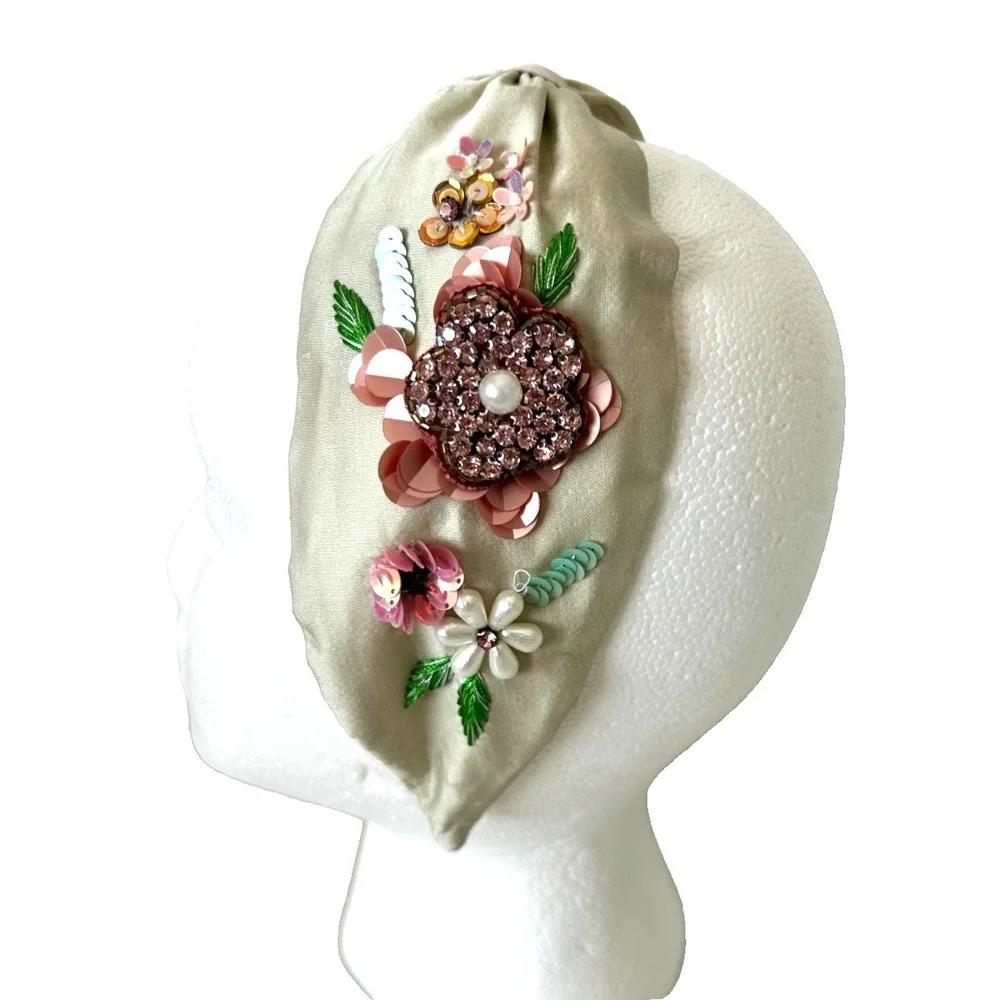 Powder Design Hand Embellished Floral Headband Sequin Bead Sage Pink Boho EUC